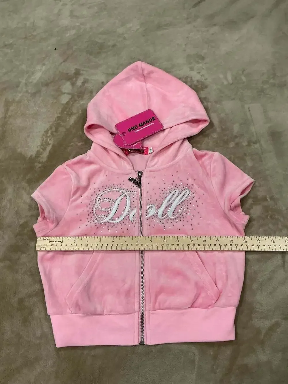 HNO Manor NWT Velvet Pink Rhinestone Doll Short Sleeve Velour Hoodie SIZE XS - Picture 2 of 5